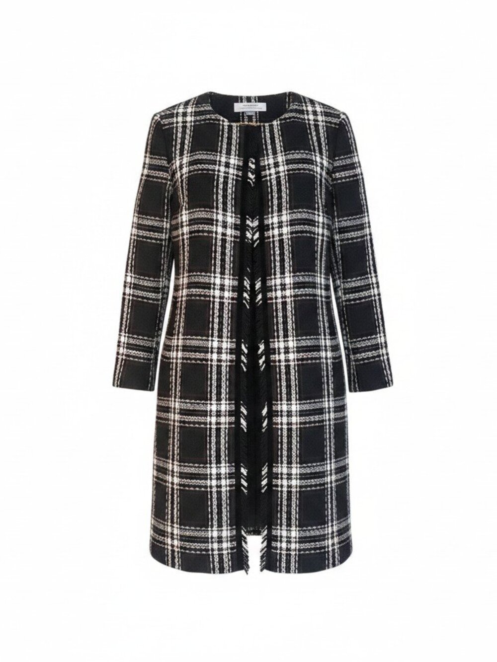 Tahari Overcoat Size 16W B/W Arthur S. Levine Open Front Tweed Fringe NWT